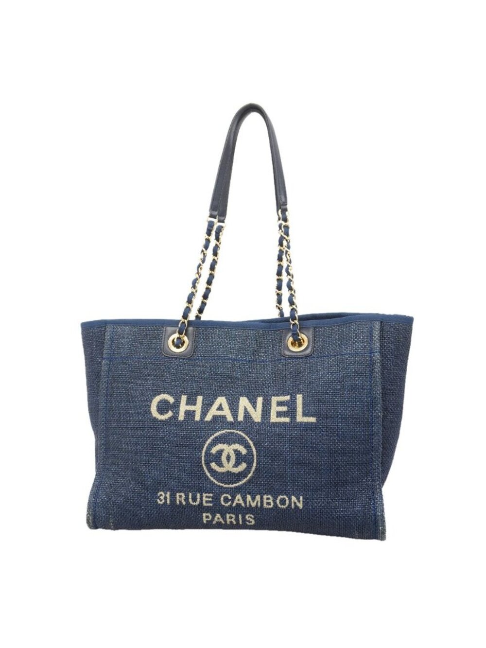 Chanel Chain Tote Bag Deauville Straw Navy Champagne Gold